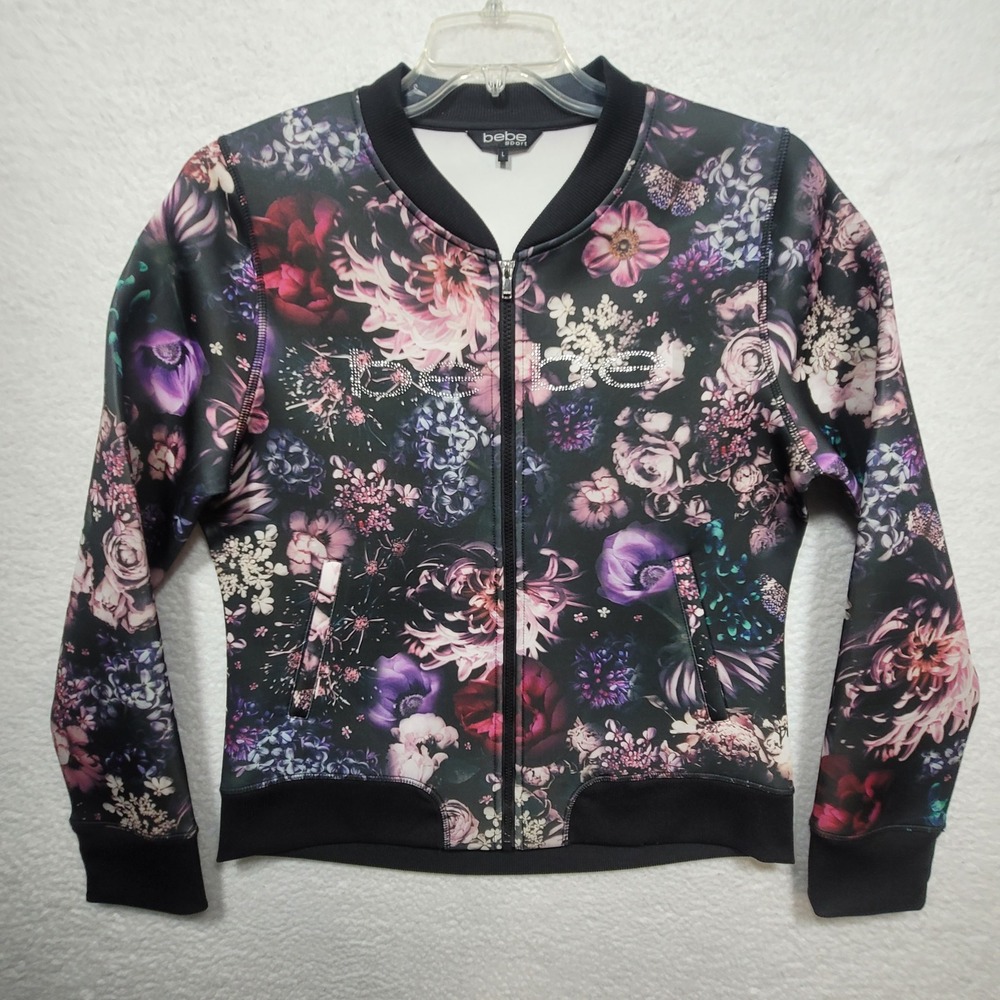 Bebe Sport Floral Bomber Jacket Rhinestone Logo Black Purple